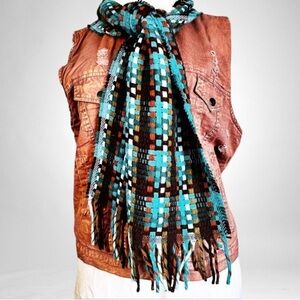 Basket Weave Italian Wool Blend Fringed Scarf SZ OS Multicolor